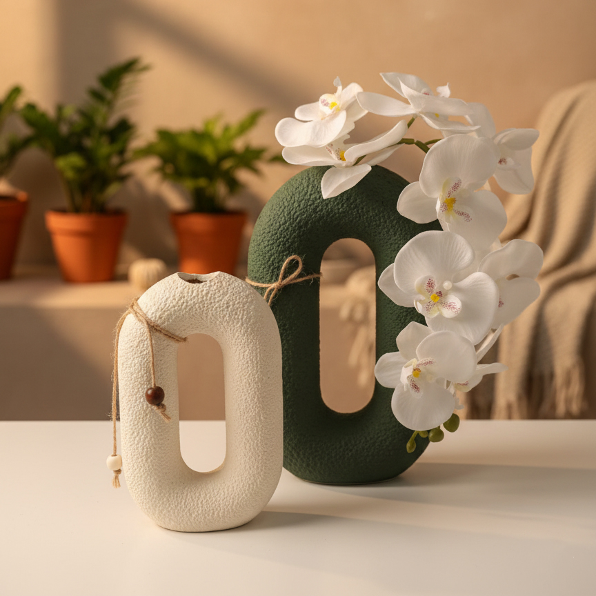 ست گلدان دکوراتیو پلی رزین مدل حلقوی (بافت کنفی - دوتایی) - تصویر 3