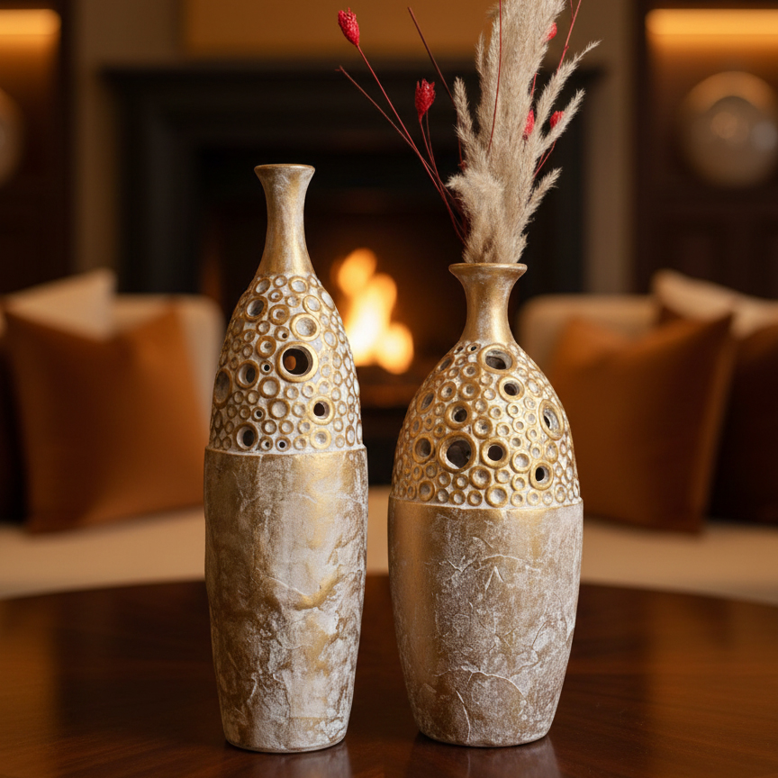 گلدان دوتایی دکوراتیو طرح گندم (مدل حباب طلایی)