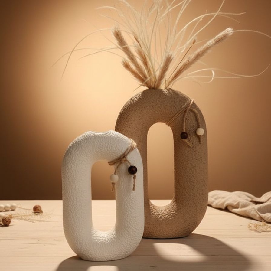 ست گلدان دکوراتیو پلی رزین مدل حلقوی (بافت کنفی - دوتایی)