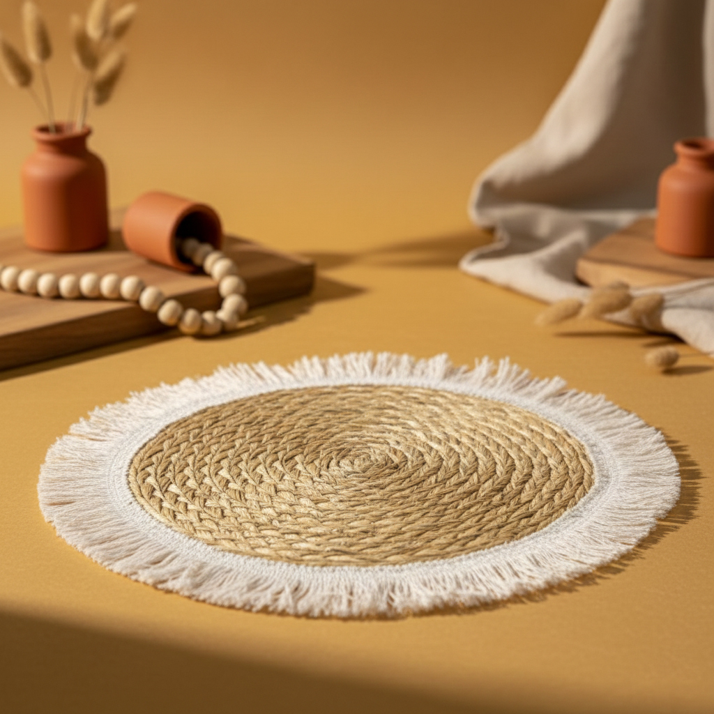 رومیزی/زیرگلدانی حصیری دستبافت مدل بوهو ریشهدار