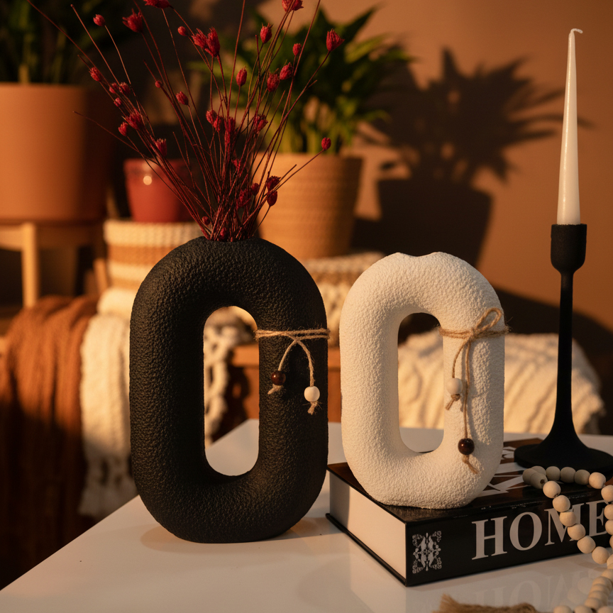 ست گلدان دکوراتیو پلی رزین مدل حلقوی (بافت کنفی - دوتایی) - تصویر 2